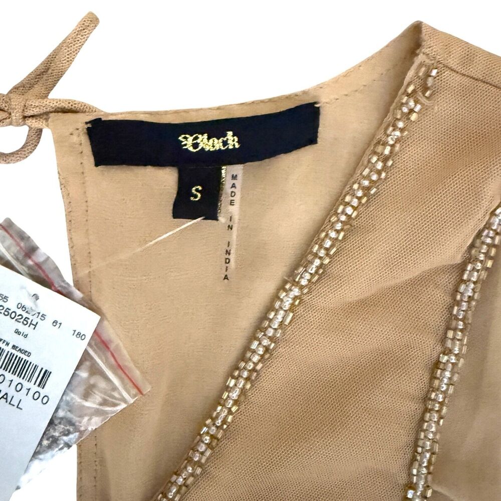 Buckle Sheer Mesh Lined‎ Back Tie Tan Gold Beaded Tank Top Size Small NWT - Picture 9 of 15